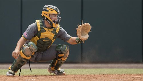 Baylor catcher Shea Langeliers prepares to face UCLA in an NCAA regional elimination game Sunday, June 2, 2019, at Jackie Robinson Stadium in Los Angeles.