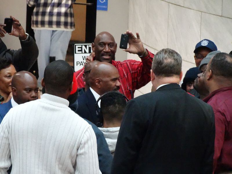 Steve Harvey mixed with his fans in the Atlanta City Hall atrium after the press conference. CREDIT: Rodney Ho/rho@ajc.com