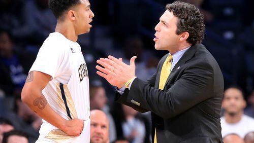 November 14, 2016, Atlanta: Georgia Tech head coach Josh Pastner coaches up Justin Moore in an NCAA college basketball game against the Southern Jaguars at McCamish Pavilion on Monday, Nov. 14, 2016, in Atlanta. Curtis Compton/ccompton@ajc.com
