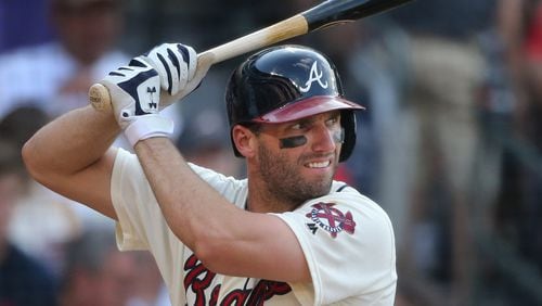 Jeff Francoeur at bat against the Marlins during his 2016 return to the Braves. (Curtis Compton / ccompton@ajc.com)