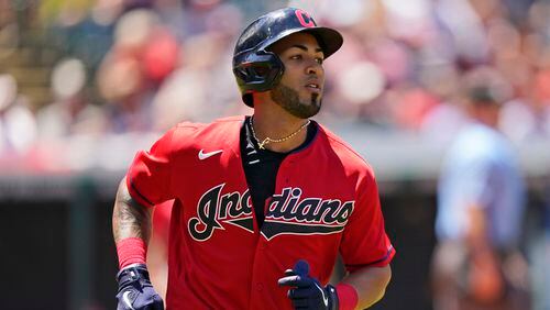 Cleveland Indians' Eddie Rosario runs the bases after hitting a solo home run in the third inning Thursday, June 17, 202 against the Baltimore Orioles in Cleveland. The Indians traded Rosario to the Atlanta Braves for infielder Pablo Sandoval on Friday, July 30, 2021. (Tony Dejak/AP)
