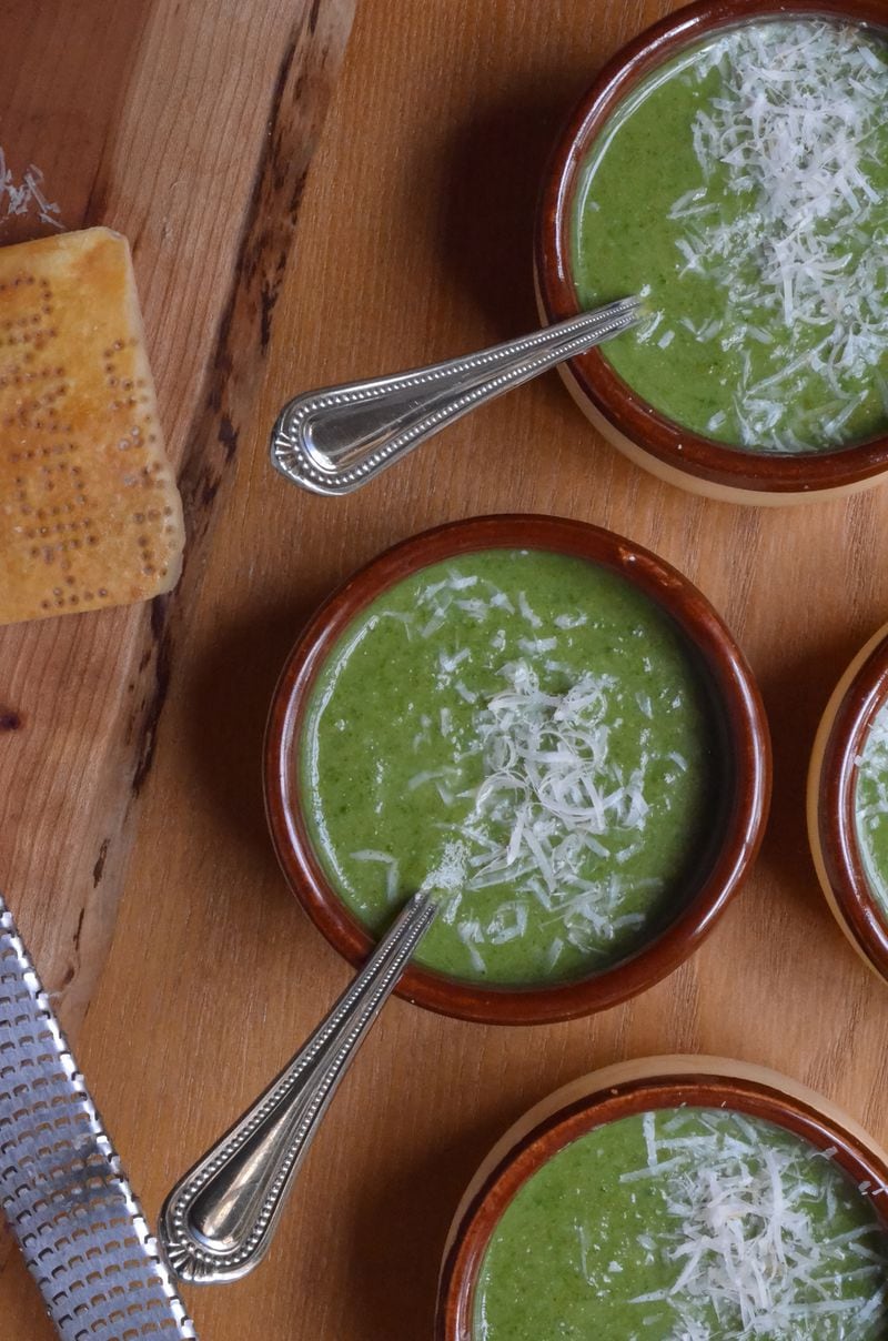 For a soup with recognizable ingredients and plenty of flavor, make Creamy Broccoli Parmesan Soup. (Virginia Willis for The Atlanta Journal-Constitution)