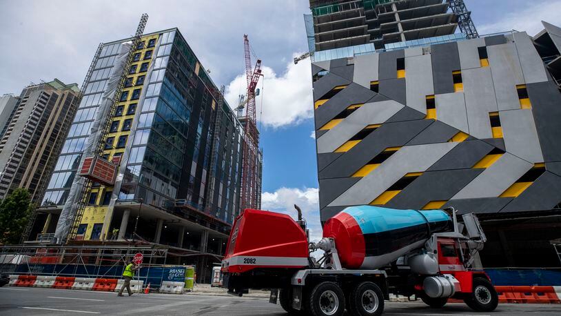 Construction continues on the Midtown Union Project, located at 1331 Spring Street, in Atlanta’s Midtown community, Tuesday June 29, 2021. The Midtown Union will be a mixed-use multiple high rise building. (Alyssa Pointer / Alyssa.Pointer@ajc.com)