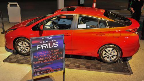 Toyota Prius vehicles are displayed at the TechCrunch 9th Annual Crunchies Awards at War Memorial Opera House on February 8, 2016 in San Francisco, California.
