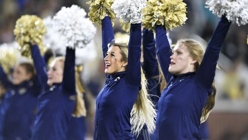 Georgia Tech cheerleaders pump the crowd up in the second half of play against Miami on Saturday, Nov. 12, 2022 at Bobby Dodd Stadium. (Daniel Varnado/For the AJC)