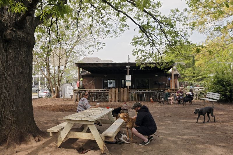 Patrons relax with their dogs in ParkGrounds’ dog park area. ParkGrounds, on Flat Shoals Avenue in Atlanta, is a coffee shop, restaurant and dog park rolled into one. BOB ANDRES /BANDRES@AJC.COM