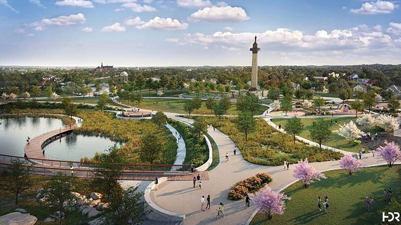 A rendering of Rodney Cook Sr. Park looks to the southwest towards the Atlanta University Center in the distance. The Georgia Peace Column rises in the near distance. (National Monuments Foundation)