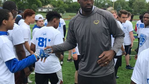 Calvin Johnson at his camp at Southfield high school outside Detroit on Saturday, June 2, 2018.