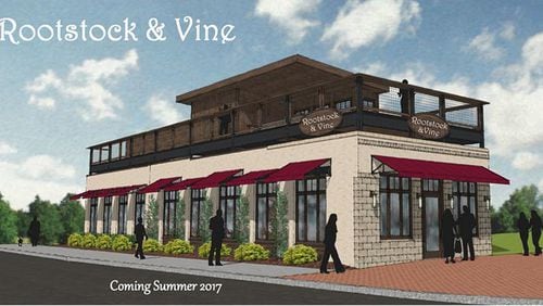 Artist’s rendering depicts “Rootstock & Vine,” a wine-and-dessert bar to occupy the former Hot Dog Heaven building in downtown Woodstock. VINTNER’S ENTERTAINMENT GROUP LLC