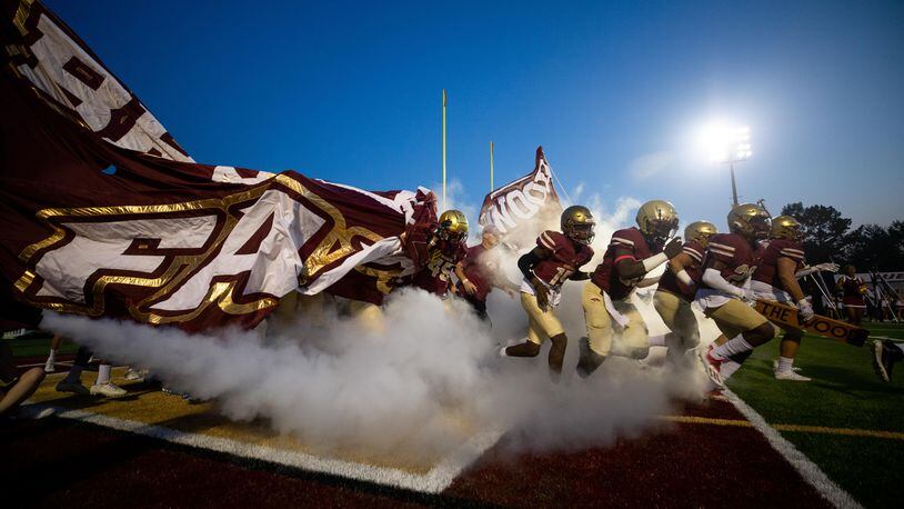 Brookwood players take the field during a GHSA high school football game between Mountain View and Brookwood at Brookwood High School in Snellville, GA., on Friday, Oct. 1, 2021. (Photo/Jenn Finch)