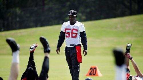 Atlanta Falcons outside linebacker Sean Weatherspoon walks on the field during an NFL football organized team activity, Wednesday, June 4, 2014, in Flowery Branch, Ga. (AP Photo/David Goldman) Sean Weatherspoon, who had been working his way back from previous injuries, is lost for the 2014 season. (AP photo)