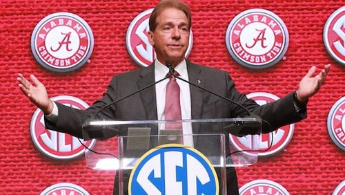 Alabama head coach Nick Saban holds his SEC Media Days press conference at the College Football Hall of Fame on Wednesday, July 18, 2018, in Atlanta, Ga. (Curtis Compton/Atlanta Journal-Constitution/TNS)
