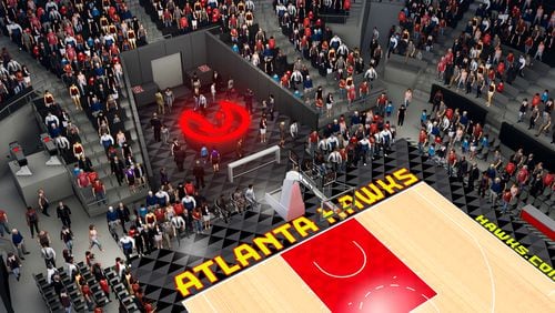 This rendering shows  Philips Arena’s new on-floor Hawks Bar.