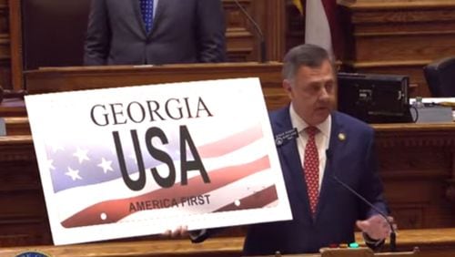 Senate Majority Leader Steve Gooch introduces a bill to create an “America First” specialty license plate, Feb. 29, 2024.