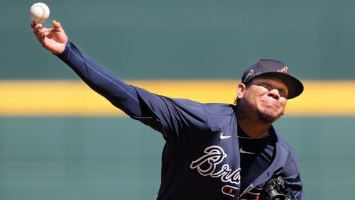Braves starting pitcher Felix Hernandez delivers a pitch against the Baltimore Orioles at CoolToday Park on Saturday, Feb. 22, 2020, in North Port, Fla.  Curtis Compton ccompton@ajc.com