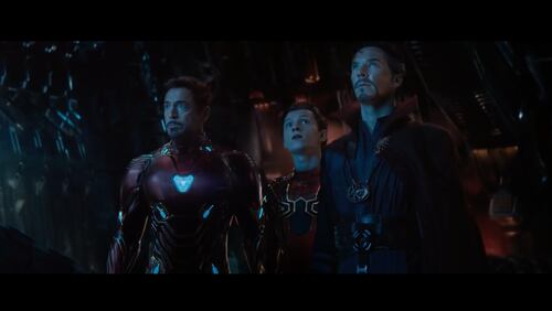 Robert Downey Jr., Tom Holland and Benedict Cumberbatch in a still from the "Avengers" trailer. Image: Marvel Studios
