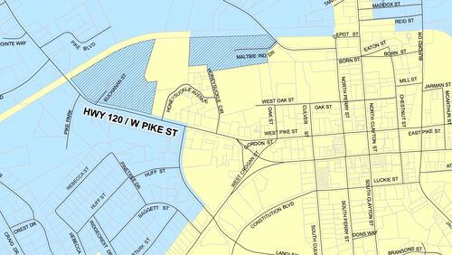 Lawrenceville voted to expand the Downtown Development Authority with the addition of three areas. Shown here in the blue crosshatched area are the parcels including the new city public works facility property on Pike Street and property adjoining the new public works property to the rear along the railroad to Maltbie Street. Courtesy City of Lawrenceville