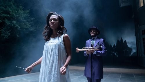 A New Orleans socialite wrestles with her past. Annie (Nicole Beharie) and Trumpeter (Anthony Harvey), shown. (Photo by: Barbara Nitke/Hulu)