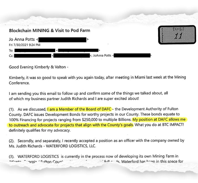 In this email included in the lawyers' investigation, JoAnna Potts identifies herself as a member of the Development Authority of Fulton County board to a third party that she met at a crypto-mining conference in Miami. The lawyers' report was commissioned by the Development Authority of Fulton County to investigate conduct by former board member Potts.