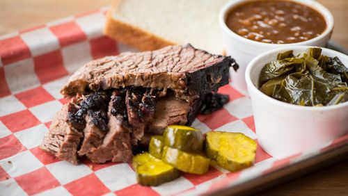 King Barbecue Sliced Brisket Meat Plate with collard greens, beans, and pickles. Photo credit- Mia Yakel. Photo: Mia Yakel