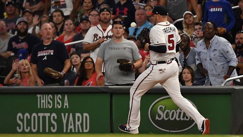 Braves first baseman Freddie Freeman fields a ball in the third inning against the Chicago White Sox Saturday, Aug. 31, 2019, at SunTrust Park in Atlanta.