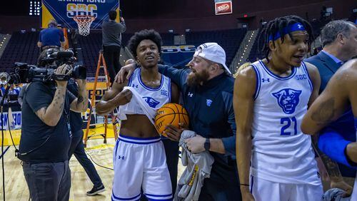 Georgia State's Kane Williams (center) at the 2022 Sun Belt Basketball Championships on March 7 at the Pensacola (Fla.) Bay Center.