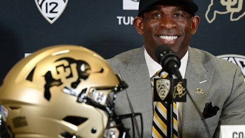 Deion Sanders, Colorado's new head football coach, takes questions in the Arrow Touchdown Club during a press conference on Dec. 4, 2022, in Boulder, Colorado. (Helen H. Richardson/The Denver Post/TNS)