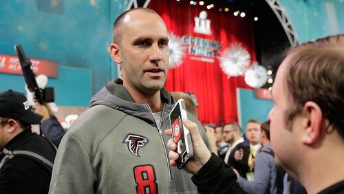 HOUSTON, TX - JANUARY 30:  Matt Schaub #8 of the Atlanta Falcons speaks with the media during Super Bowl 51 Opening Night at Minute Maid Park on January 30, 2017 in Houston, Texas.  (Photo by Tim Warner/Getty Images)