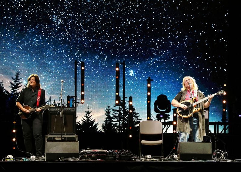 Indigo Girls, the Decatur natives Amy Ray (left) and Emily Saliers (right), entertained a sold-out crowd on Friday, October 23, 2020, in the Live From the Drive-In series at Ameris Bank Amphitheatre in Alpharetta. Photo: Robb Cohen for The Atlanta Journal-Constitution