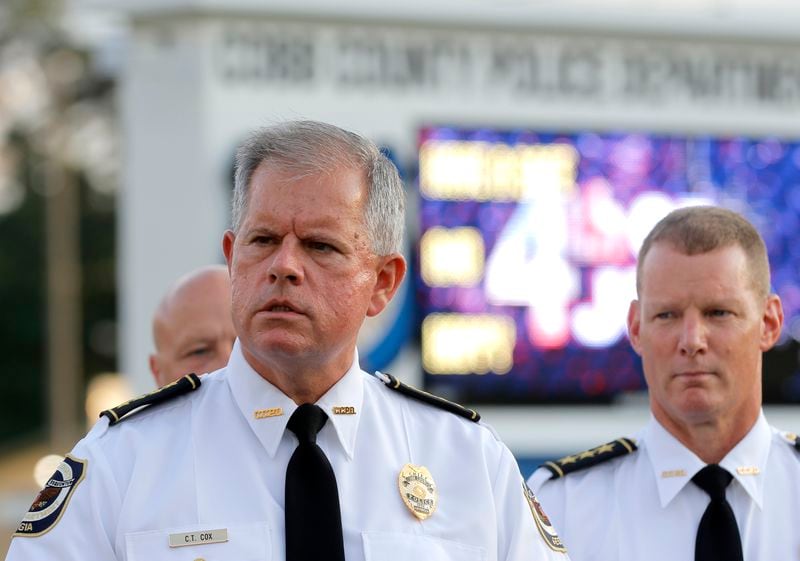 Cobb County Police Chief Tim Cox speaks during a press conference outside the Cobb County Police Department on Thursday, July 8, 2021. Law enforcement officials spoke to the press following the arrest of Bryan Rhoden, accused of murder and other charges in the Kennesaw golf course killings. (Christine Tannous / christine.tannous@ajc.com)