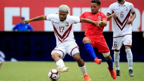 Venezuela's Josef Martinez controls the ball during the game against  the US men's national team Sunday, June 9, 2019, at Nippert Stadium in Cincinnati, Ohio.