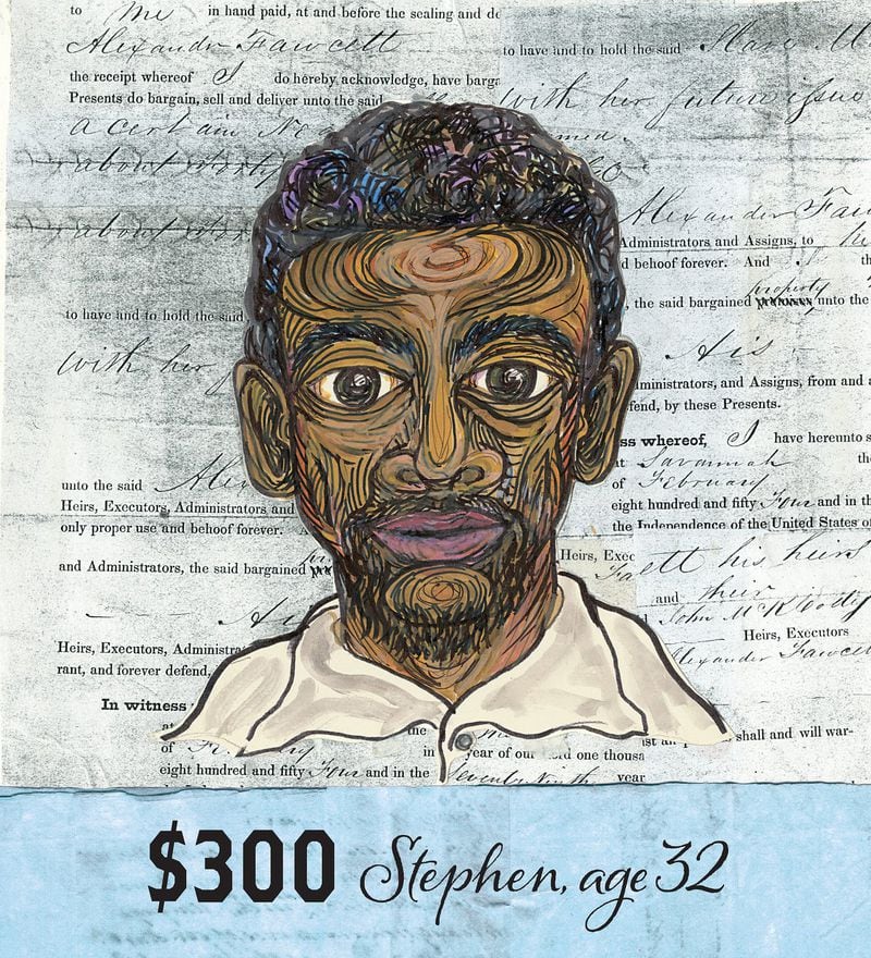 Ashley Bryan’s Stephen illustration, 2015, for “Freedom Over Me: Eleven Slaves, Their Lives and Dreams Brought to Life by Ashley Bryan” (Atheneum Books for Young Readers, 2016), diluted tempera and black marker pen on paper. CONTRIBUTED BY ASHLEY BRYAN CENTER