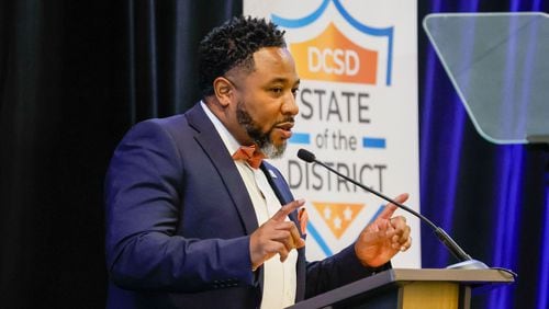 DeKalb County Superintendent Devon Horton gives his remarks during the State of the District address at Courtyard by Marriott hotel in downtown Decatur on Thursday, March 14, 2024. (Miguel Martinez /miguel.martinezjimenez@ajc.com)