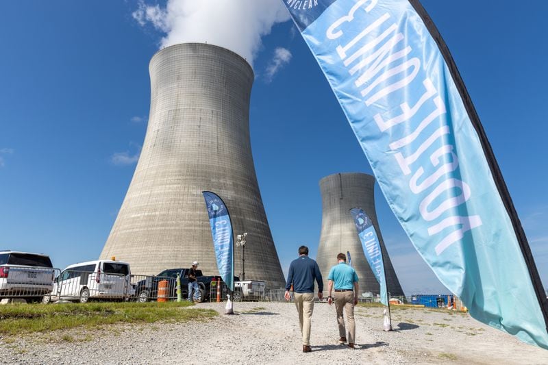 (L-R) A view of cooling towers for units 3 and 4 at Plant Vogtle, in Burke County near Waynesboro, on Monday, July 31, 2023. Unit 3 officially entered commercial service Monday. It makes history as the first nuclear reactor built from scratch in the U.S. in more than three decades.(Arvin Temkar / arvin.temkar@ajc.com)