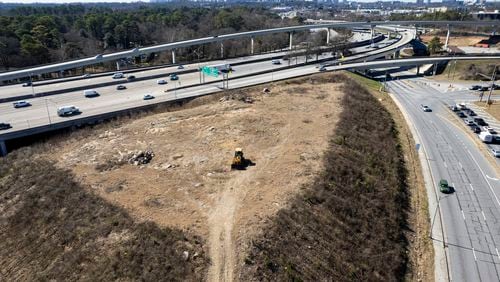 Drone photos of “The Hill” in Atlanta on Monday, Feb. 19, 2024. A large community of homeless people were camped on this location until the state DOT recently moved them out and bulldozed the once wooded site. (Ben Gray / Ben@BenGray.com)