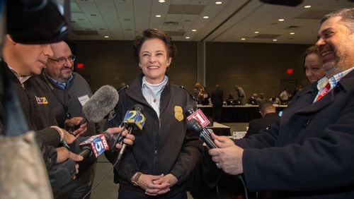 Atlanta’s Chief of Police Erika Shields talks with the media before the start of the Super Bowl LIII Executive Public Safety Tabletop Exercise at the Georgia World Congress Center Wednesday, November 5, 2018.