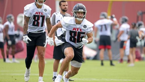 Falcons tight end Anthony Firkser (86) is shown during minicamp at the Atlanta Falcons Training Facility on Tuesday, June 14, 2022, in Flowery Branch, Ga. (Jason Getz / Jason.Getz@ajc.com)