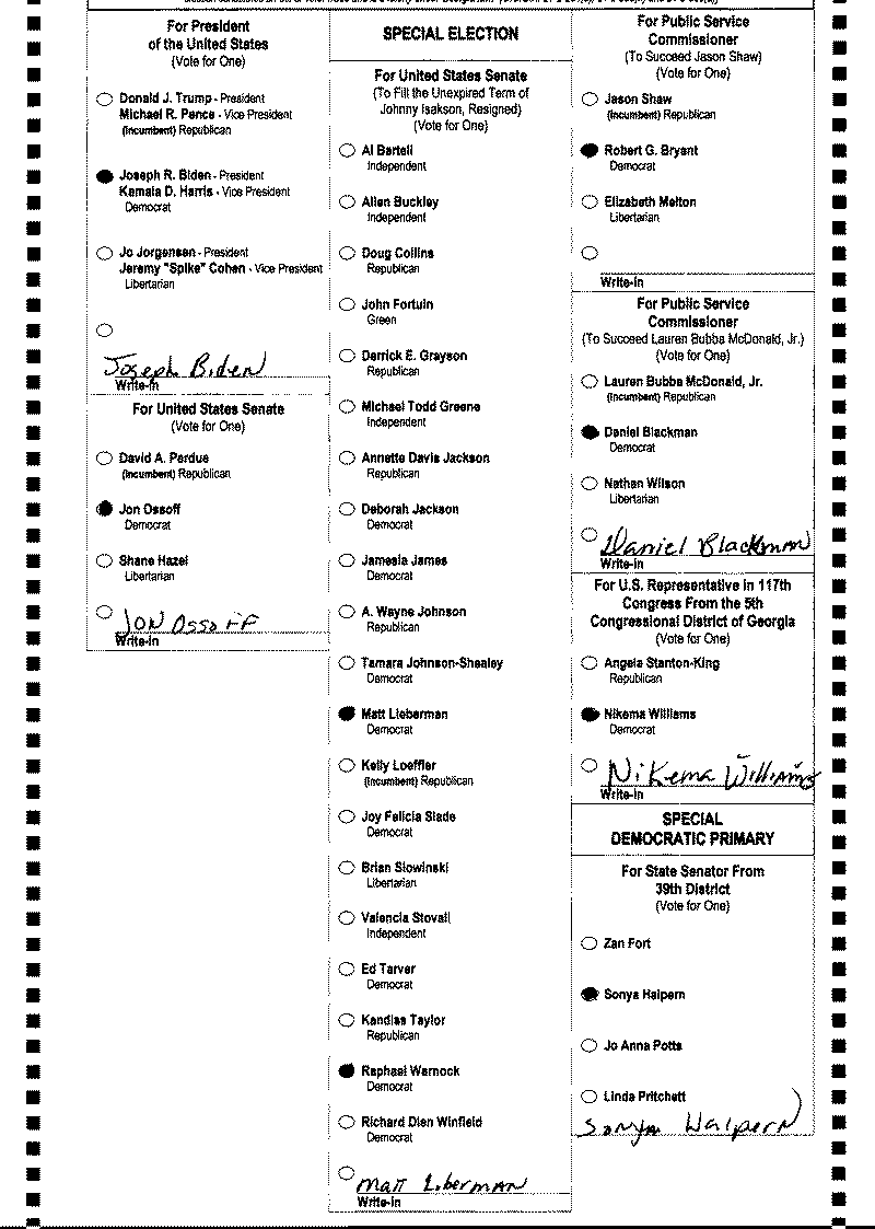 One voter added the names of candidates chosen in the write-in field and selected multiple candidates in the U.S. Senate special election.