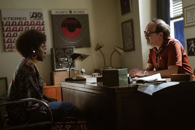 Aretha Franklin (L), played by Cynthia Erivo, discusses her career with producer Jerry Wexler, played by David Cross. (Credit: National Geographic/Richard DuCree)