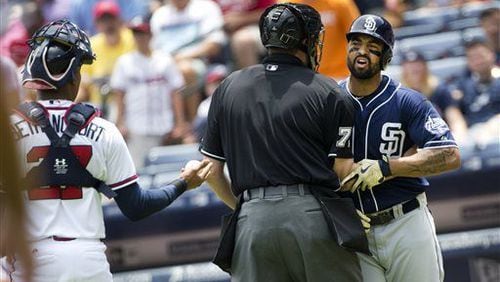 Benches cleared after Matt Kemp, then of the Padres, was hit by a Julio Teheran fastball in a June 2015 game against the Braves. Kemp was booed lustily upon returning to San Diego as a Brave on Tuesday. (AP file photo)