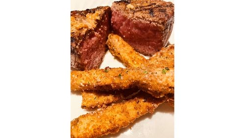 Shell steak with espresso demi and horseradish, and a side of YaYa’s eggplant fries. / Bob Townsend for the Atlanta Journal-Constitution