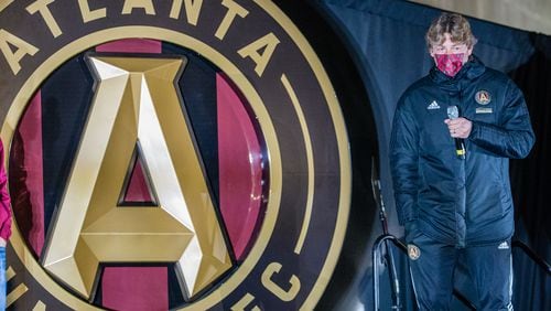 Atlanta United celebrates the beginning of their 5th season with unveiling the 2021 team uniforms and the introduction of new coach Gabriel Heinze on Friday, Feb 26, 2021 during a drive-in at the Home Depot Backyard.  (Jenni Girtman for The Atlanta Journal-Constitution)