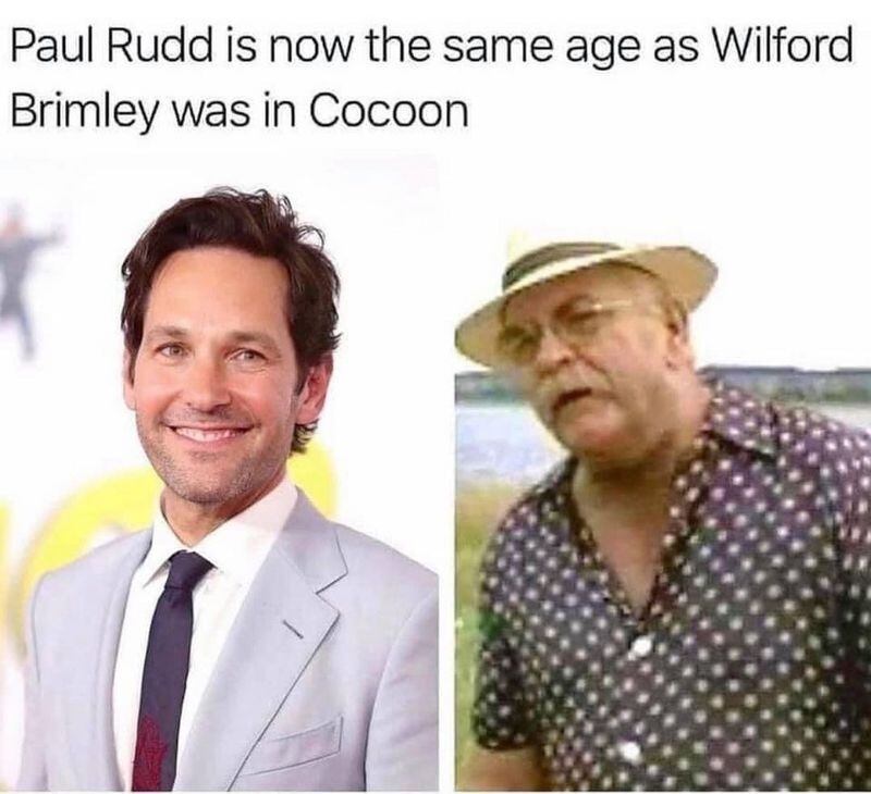 These photos of Paul Rudd, left, the star of "Ant-Man," and Wilford Brimley, when he starred in "Cocoon," are posted all over the Internet, comparing aging through the generations.