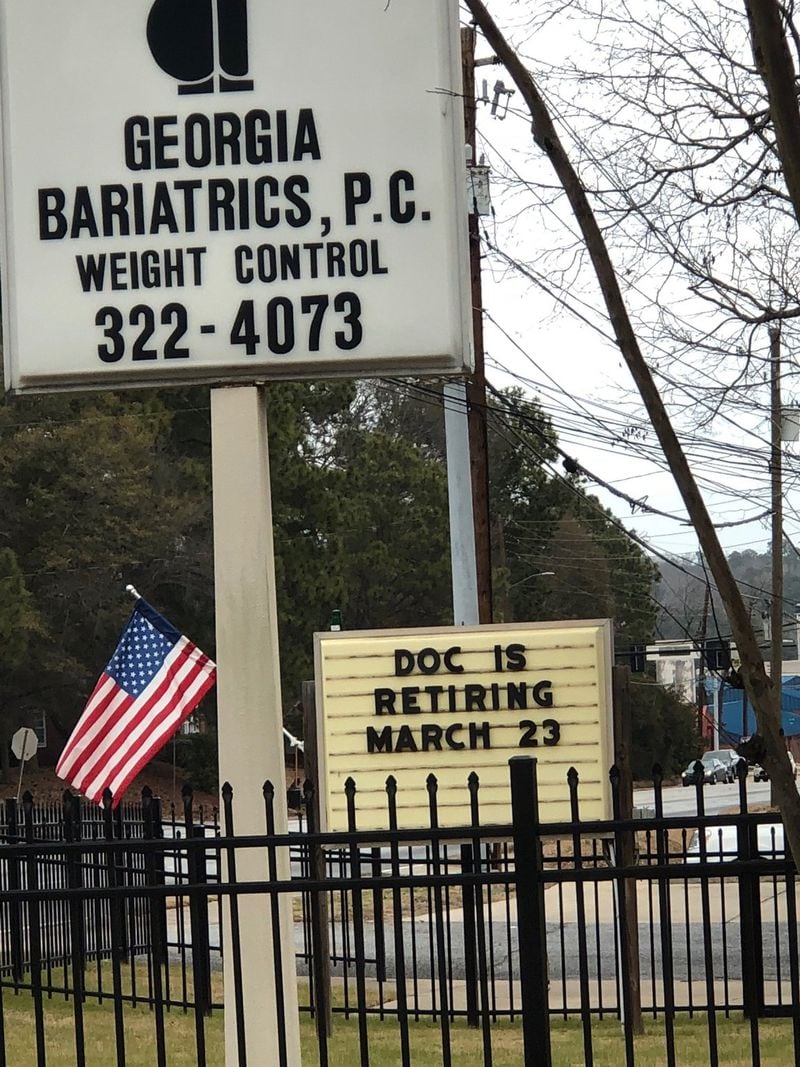 A marquee outside the office of Georgia Bariatrics announces that Dr. Jan McBarron is retiring. An AJC investigation found that she had sold a prescription weight-loss medicine to people she had never seen.