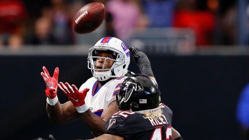 ATLANTA, GA - OCTOBER 01: Charles Clay #85 of the Buffalo Bills catches a pass against Duke Riley #42 of the Atlanta Falcons during the second half at Mercedes-Benz Stadium on October 1, 2017 in Atlanta, Georgia. (Photo by Kevin C.  Cox/Getty Images)