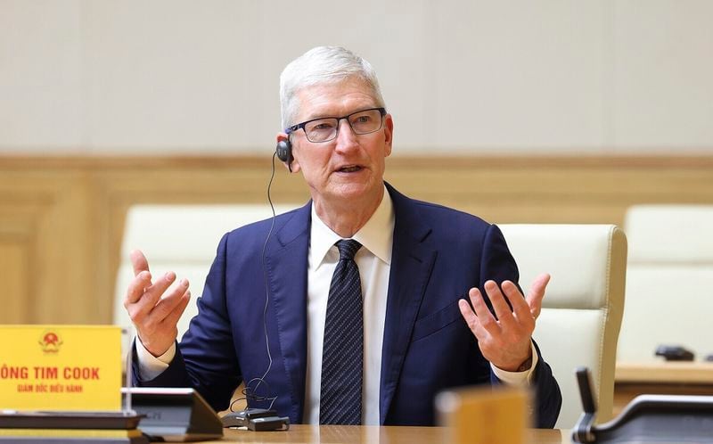 Apple CEO Tim Cook speaks during a meeting with Vietnamese Prime Minister Pham Minh Chinh in Hanoi, Vietnam on Tuesday, April 16, 2024. The tech giant CEO is on a visit to Vietnam to promote cooperation and boost investment in the Southeast Asian nation. (Duong Van Giang/VNA via AP)