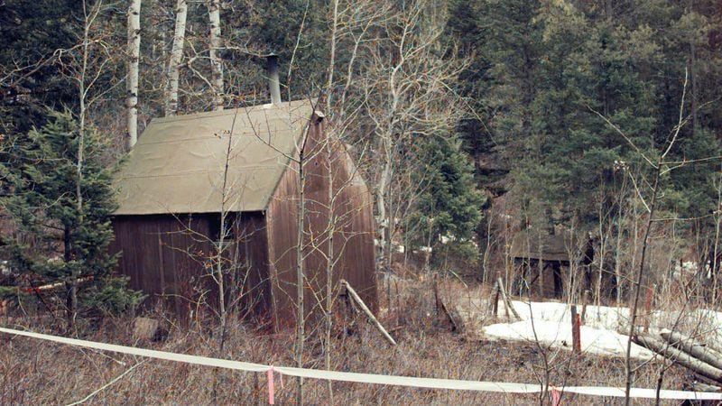 The cabin of "Unabomber" Theodore Kaczynski sits at the end of a muddy, private road, hidden in a wooded setting about 300 yards from the nearest neighbor in April 1996 in Lincoln, Montana. The cabin, on 1.4 acres, was only 10 by 12 feet, with no electricity or plumbing.