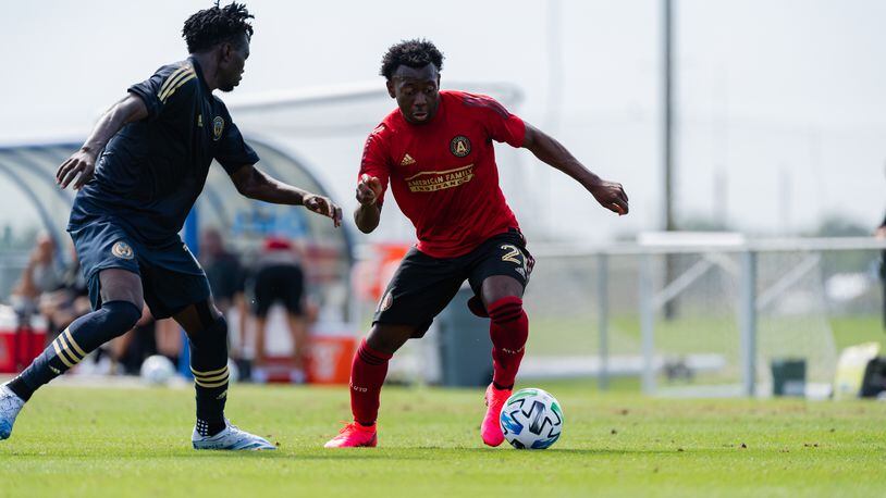 George Bello dribbles the ball during the preseason match against the Philadelphia Union during preseason at IMG Academy in Bradenton, FL, on Friday January 24, 2020. (Photo by Jacob Gonzalez/Atlanta United)