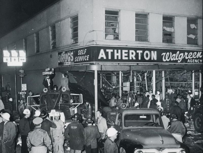 This is the October 31, 1963 scene on the Marietta Square at the site of the explosion at Atherton Drugs that left several people dead and others injured. The explosion was at 6:23 pm. The historical photo, courtesy of the Marietta Fire Department, was taken by Bartow Adair, who was at the time chief investigator for the Marietta Fire Department. Today this building is the home to a restaurant, the Marietta Pizza Company. 