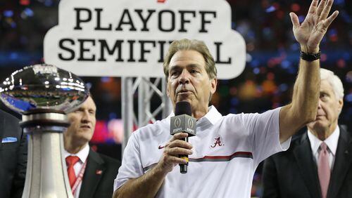 Coach Nick Saban’s Alabama team, which defeated Washington in a national semifinal in the Chick-fil-A Peach Bowl last season, will open this season in the Chick-fil-A Kickoff game against Florida State. (Curtis Compton/ccompton@ajc.com)
